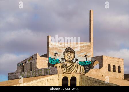 Spanien, Kanarische Inseln, Fuerteventura, Playa El Jablito, Yoga Zentrum, Buddha Wandbild Stockfoto