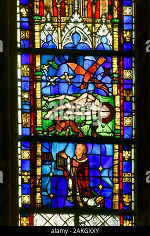 Frankreich, Paris, Beauvais, der Kathedrale Saint-Pierre in Beauvais zwischen dem 13. und 16. Jahrhundert hat die höchste Chor der Welt (48,5 m), Kapelle St. Vincent oder Unserer Lieben Frau von Lourdes, Glasmalereien aus dem 14. Jahrhundert, das Martyrium von St. Vincent, ist sein Körper in das wilde Tier, sondern eine wundersame Crow erscheint, macht sie fliehen Stockfoto