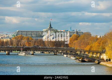 Frankreich, Paris, Bereich als Weltkulturerbe von der UNESCO, die Ufer der Seine, der Kais des Louvre im Herbst, das Grand Palais und die Brücke Leopold Sedar Senghor Stockfoto