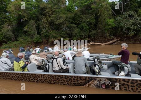 Brasilien, Mato Grosso, Pantanal, Touristen auf dem Fluss Cuiaba, auf der Suche nach Jaguar Stockfoto