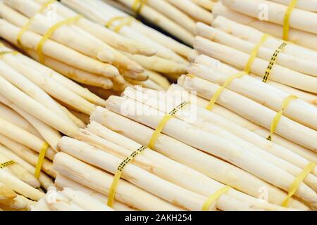 Trauben von frischen, rohen Weisser bio Spargel Gemüse zum Verkauf an Farmers Market. veganes Essen und gesunde Ernährung. Foto- und weißen Spargel als Stockfoto