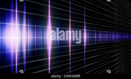 Blue Digital Sound wave in perspektivischer Ansicht auf einem schwarzen Hintergrund. Zusammenfassung Hintergrund mit Musik oder Sprache. 3D-Darstellung. Stockfoto