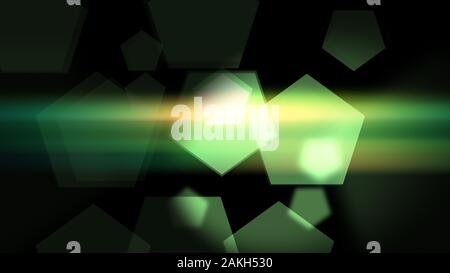 Grüne Fünfecke auf schwarzem Hintergrund mit bunten Lens Flares Stockfoto