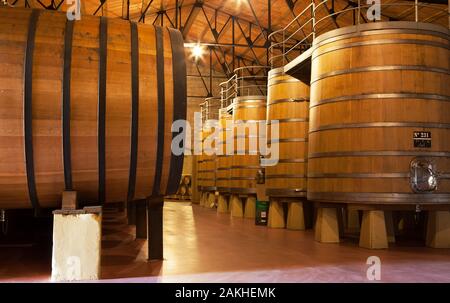 Alternde Haferflocken aus Eiche in einer Weinkellerei in Rioja, Spanien Stockfoto