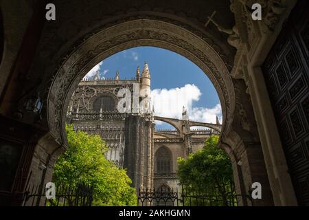 Gotische Kathedrale und Naranjos Terrasse durch Perdon Gate Arch in Sevilla, Spanien Stockfoto