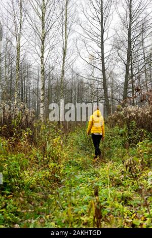 Frau in der hellen Jacke, die den Fallweg in Weißrussland hinunter geht Stockfoto