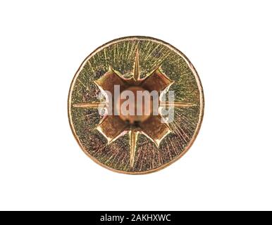 Metallschraube oder Schraubenkopf isoliert auf weißem Hintergrund. Sternschraube. Makrofoto. Draufsicht. Stockfoto