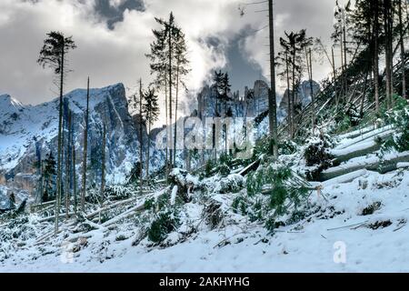 Karersee in den Dolomiten nach dem schweren Sturm Stockfoto