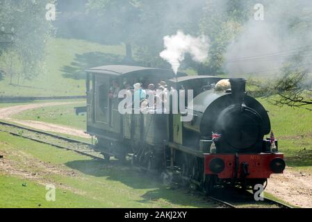 Ein Windstoß bläst Dampf rund um die Dampflok, Passagiere, die in zwei Waggons als Teil der Fawley Hill Dampf- und Vintage Transport Wochenende. Stockfoto