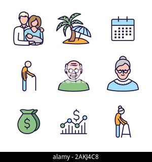 Generationen: Die goldenen Jahre Icon Set mit Ruhestand Kalender, Geld, etc. Stock Vektor