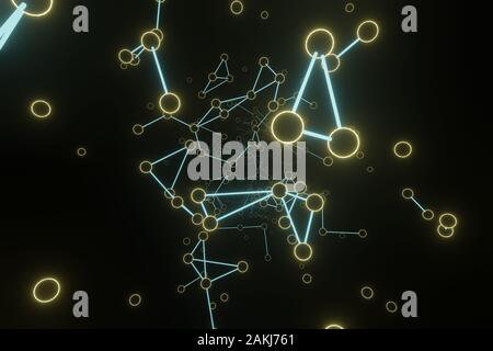 3D-Rendering unendliche Teilchen Abstraktion der Kommunikation im weltweiten Netz, die Suche nach der Kundenbeziehungen. Neon links mit Ringen. Stockfoto