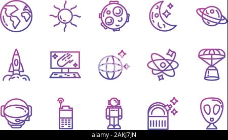 Icon Set von Raum futuristische Kosmos außerhalb Universum Astronomie Abenteuer und Exploration Thema Vector Illustration Stock Vektor