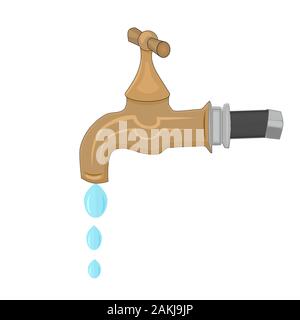 Wasser mit Tropfen auf weißem Hintergrund tippen. Cartoon Hahn. die Einsparung von Wasser, die Erhaltung der natürlichen Ressourcen. Heißes Wasser. Sanitär Dienstleistungen. Vektor Stock Vektor