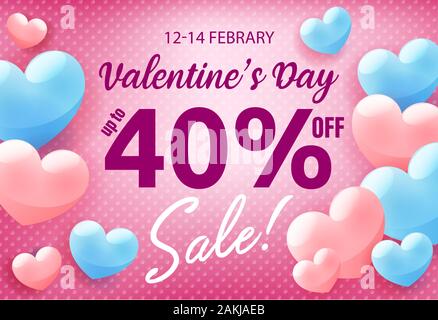 Valentines Tag Shopping verkauf Einladung, Plakat, Werbung Banner mit rosa Herzen auf blauem Hintergrund, Vector Illustration. Stock Vektor