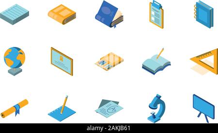 Schule Icon Set Design, Eduaction Klasse Lektion wissen Vorschüler studieren lernen Unterricht und primäre Thema Vector Illustration Stock Vektor