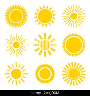 Sun Symbole gesetzt. Flache leuchtende Symbole Sammlung. Tageslicht logos Stock Vektor