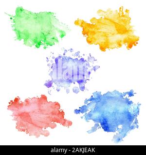 Satz von Aquarell Flecken mit Spritzer und Flecken. Aquarell Flecken von orange, pink, grün, lila und blau. Isolierte Flecken auf einem weißen Hintergrund, ha Stockfoto