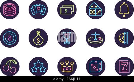 Neon und Casino Icon in schwarzen Kreisen Design, Dekoration Werbung Licht Lampe retro glühende Kunst hell und fluoreszierenden Thema Vector Illustration Stock Vektor