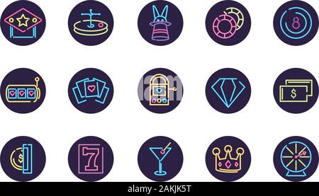 Neon und Casino Icon in schwarzen Kreisen Design, Dekoration Werbung Licht Lampe retro glühende Kunst hell und fluoreszierenden Thema Vector Illustration Stock Vektor