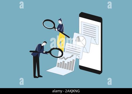 Geschäftsmann sucht durch die Lupe zu dokumentieren, die aus grossen Smart Phone, Flachbild Vector Illustration, digitale Betriebsprüfung Konzept Stock Vektor