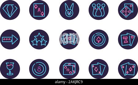 Neon und Casino Icon in schwarzen Kreisen Design, Dekoration Werbung Licht Lampe retro glühende Kunst hell und fluoreszierenden Thema Vector Illustration Stock Vektor