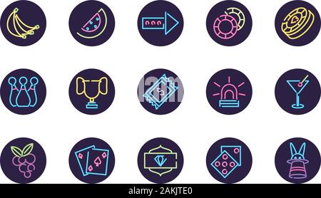 Neon und Casino Icon in schwarzen Kreisen Design, Dekoration Werbung Licht Lampe retro glühende Kunst hell und fluoreszierenden Thema Vector Illustration Stock Vektor