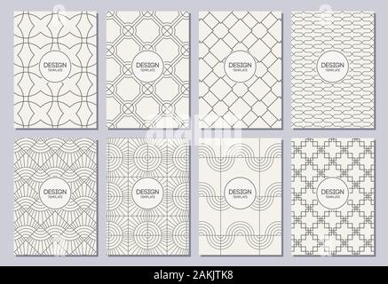 Flyer, Poster, Banner, Plakate, Plakate, Vorlagen für Broschürendesign IM FORMAT A6. Grafische Designvorlagen für Logo, Etiketten und Abzeichen. Geometrische Formen. Stock Vektor