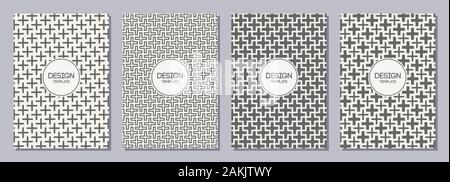 Flyer, Poster, Banner, Plakate, Plakate, Broschüren Designvorlagen A6 Größe mit Kreuzformen. Grafische Designvorlagen. Geometrische Texturen. Stock Vektor