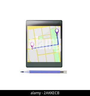 Mobile GPS-Navigation. Telefon Karte Anwendung und Punkte auf dem Bildschirm. App Suche Karte Navigation. Isolierte online Karten auf dem Bildschirm Tablet. Abbildung. Stockfoto