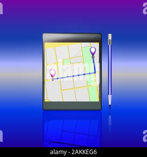 Mobile GPS-Navigation. Telefon Karte Anwendung und Punkte auf dem Bildschirm. App Suche Karte Navigation. Isolierte online Karten auf dem Bildschirm Tablet. Abbildung. Stockfoto