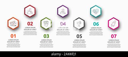 Vektor Infografik mit 7 Sechsecken. Für sechs Diagramme, Graphen, Flussdiagramm, Timeline, Marketing, Präsentation verwendet. Creative Business Konzept Schritt für Schritt Stock Vektor