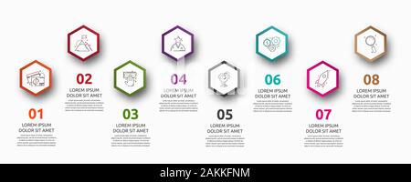 Vektor Infografik mit 8 Sechsecken. Für sechs Diagramme, Graphen, Flussdiagramm, Timeline, Marketing, Präsentation verwendet. Creative Business Konzept Schritt für Schritt Stock Vektor
