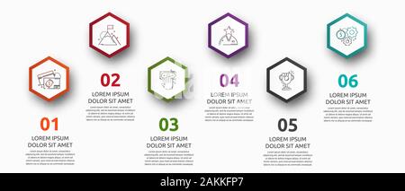 Vektor Infografik mit 6 Sechsecken. Für sechs Diagramme, Graphen, Flussdiagramm, Timeline, Marketing, Präsentation verwendet. Creative Business Konzept Schritt für Schritt Stock Vektor