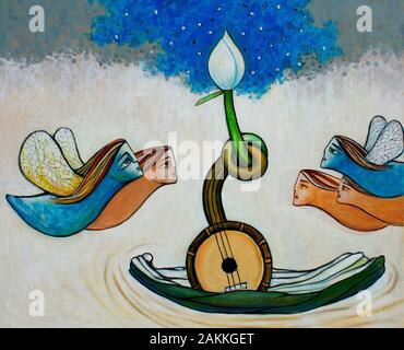 Wiedergeburt der Seelen. Menschen - wie biomorph Motten fliegen Blume als String Instrument geformt zu Lotus. Surreale Gemälde auf Leinwand Stockfoto