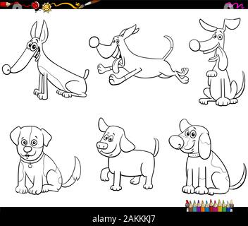 Schwarze und Weiße Cartoon Illustration der Hunde und Welpen Haustier Comic Sammlung Malbuch Seite Stock Vektor