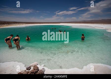 Touristen, die salzige Gewässer des Lagunas Escondidas de Baltinachi genießen, eine der Attraktionen in der Nähe von San Pedro de Atacama, Antofagasta, Chile Stockfoto