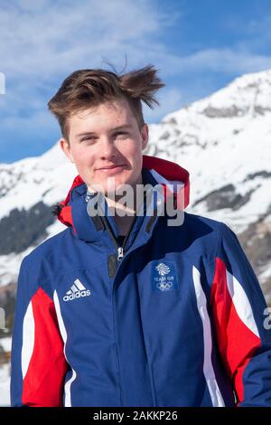 Team GB alpiner Skifahrer Jack Cunningham (17) aus Oxford bei den Jugend-Olympischen Spielen in Lausanne 2020 am 9. Januar 2020. Stockfoto