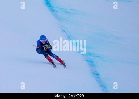 Team GB alpiner Skifahrer, Jack Cunningham (17) beim offiziellen Training des Super G bei den Jugend-Olympischen Spielen in Lausanne 2020 am 09. Januar 2020. Stockfoto