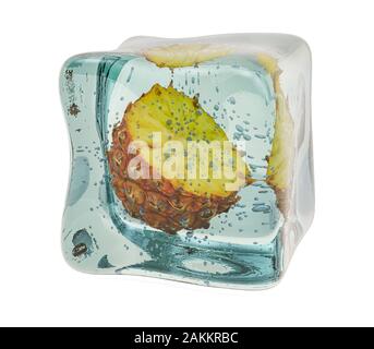 Ananas in Eiswürfel gefroren, 3D-Rendering auf weißem Hintergrund Stockfoto