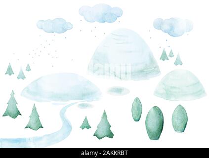 Baby Clipart. Baumschule Wand Art.-Hügel, Fluss, Bäume. Hellblau Wolken, Regen. Abenteuer. Aquarell. Weißer Hintergrund. Stockfoto