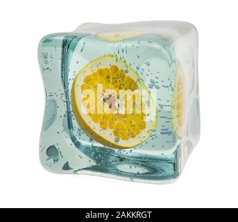 Pomelo Früchte Eiswürfel gefroren, 3D-Rendering auf weißem Hintergrund Stockfoto