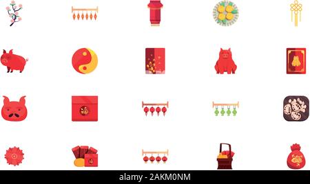 Chinesische Symbol Set Design, China Kultur Asien reisen Sehenswürdigkeiten berühmte asiatische und orientalische Thema Vector Illustration Stock Vektor