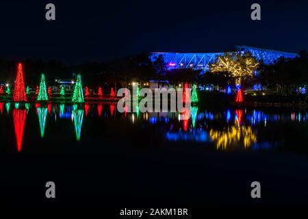 Orlando, Florida. 30. Dezember 2019. Beleuchtete Weihnachtsbäume in Seaworld Stockfoto