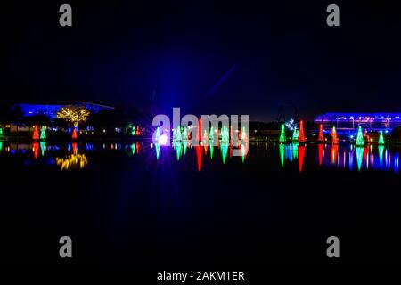 Orlando, Florida. 30. Dezember 2019. Beleuchtete Weihnachtsbäume in Seaworld Stockfoto