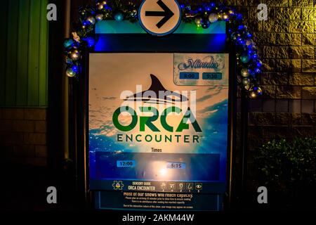 Orlando, Florida. 30. Dezember 2019. Orca Begegnung Zeichen in Seaworld Stockfoto