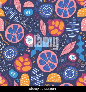 Abstrakte tropische Blumen Obst nahtlose Vektor Muster. Wiederholen Hintergrund mit stilisierten Blätter, Früchte Hälften und Formen. Blau, Gelb, Orange, Pink Stock Vektor