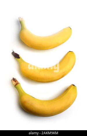 Drei Bananen in einer Reihe auf weißem Hintergrund flach Stockfoto