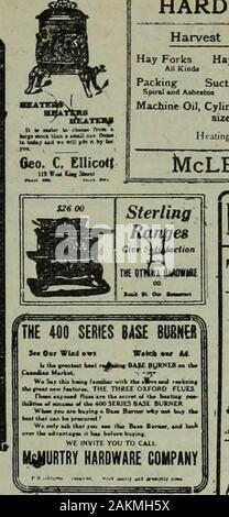 Hardware merchandising Oktober-dezember 1910. Uhr" "Ah. nt Tasr Ofen? Komplette Linie für Mechanik Tools siehe Unsere Sherwin - Williams Farben Bauherren 1 Hardware ot Alle Arten Paroid Roofing £ T,!5? Ein X. l., ^.*-Lampe und Oantern Gläser 5 c Jeder Jak. n. McGregor. ^ -- = -----? ?? HARDWARE! HARDWARE^ Ernte- und Dreschmaschinen Notwendigkeiten Heu Gabel Raufe Armaturen Schraube* und Scheiben Schlüssel LovutPiica AUSieM. Alt * Verpackung Saugschlauchleine Stacheldraht Schleifsteine und nahm SMudAibtHM Pwmpa l-" auf 1-2 toeh und DaSw. Zaun Mwmtgd,.-??? Maschine Öl, Zylinder Öl, Öl, Öl- und Buggy Vorderachse schmieren in allen Stockfoto