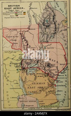 Süd- und Ostafrika. tish Sphäre auf der mainlandonly beginnt an der Umba River, ein wenig nördlich von Pemba. British East Africa keine Kolonie, entweder in der popularsense oder nach der gesetzlichen Definition, die declaresa Kolonie ein Teil der Königinnen Herrschaften werden exclusiveof der Britischen Inseln und der britischen Indien. Es ist eine aggregateof Stämme und Ländern, ein großer Teil davon direkt underBritish Protektorat, während der Rest in der Sphäre ofBritish Einfluss ist. Nicht nur, dass es nicht die Einheit, die auf einem Menschen durch eine einheitliche Verwaltung, isimpressed butneither in ge Stockfoto