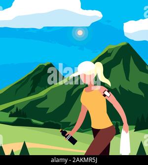 Wanderer Frau mit Smartphone und Landschaftsgestaltung, Walker excursionist Rambler tripper Tourist Travel Reise Tourismus und Reise Thema Vector Illustration Stock Vektor